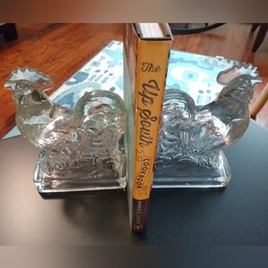 🌋Exclusive 1940's LE Smith Vintage Clear Glass Rooster Bookends Decor Figurines